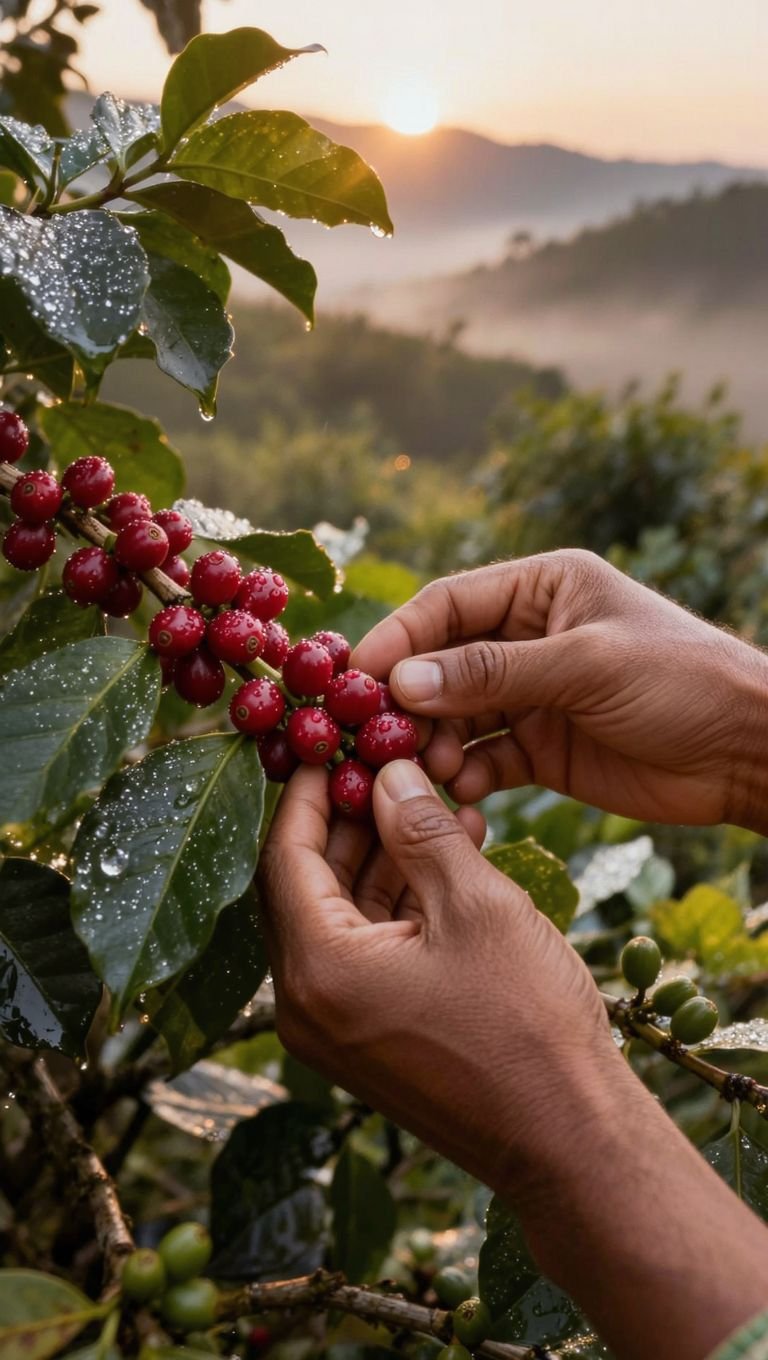 Récolte sélective de café de spécialité au lever du soleil